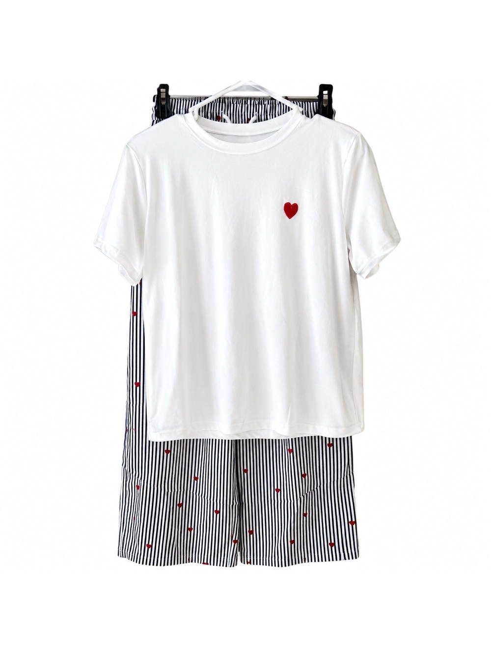 SHEIN Teen Girls 14Y White T-Shirt with Red Heart and Black & White Striped Draw